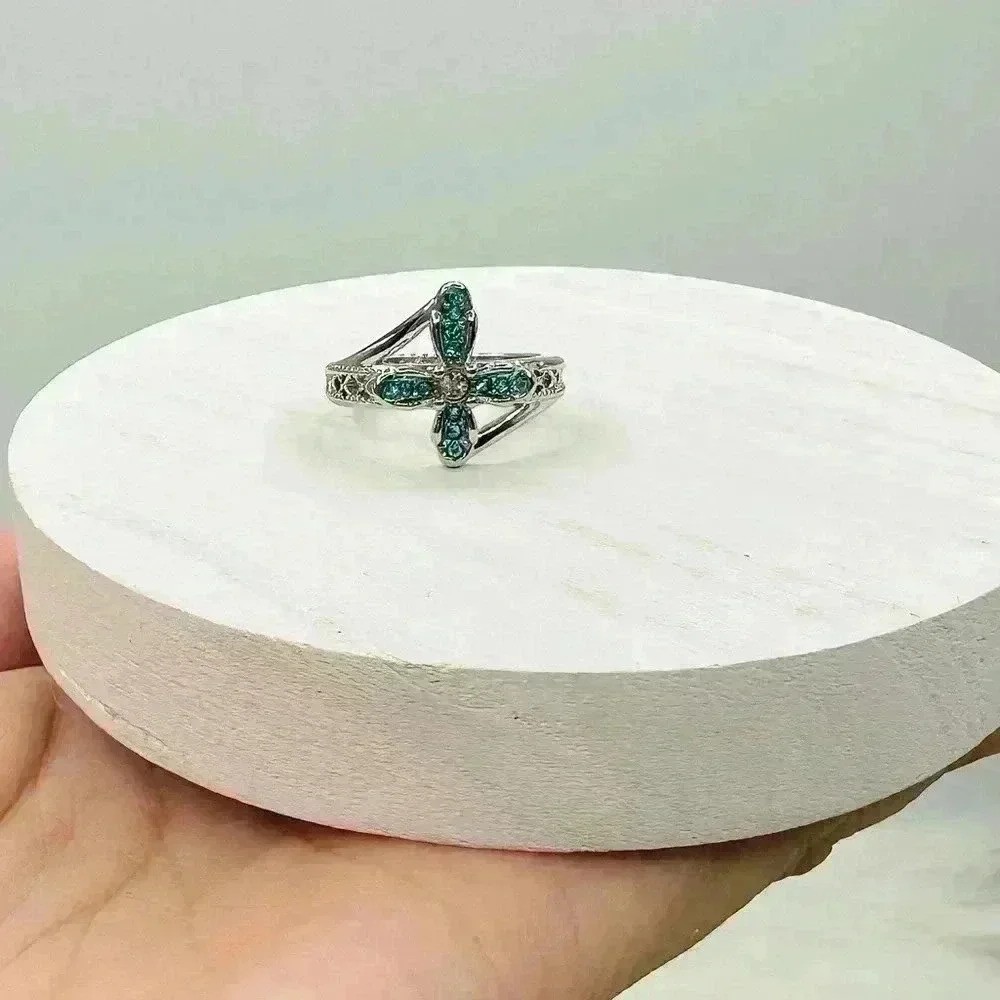 Blue Rhinestone Cross Ring Size 8 - Picture 4 of 6